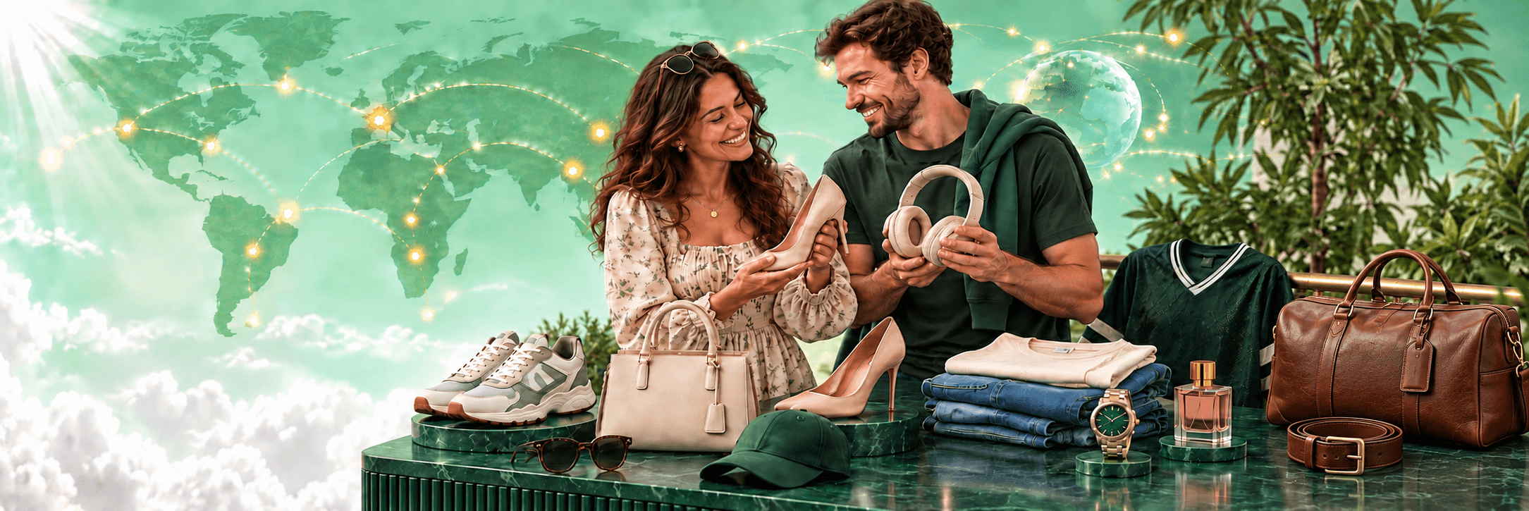 Two happy shoppers with diverse fashion, accessories, electronics, and beauty products for global discovery