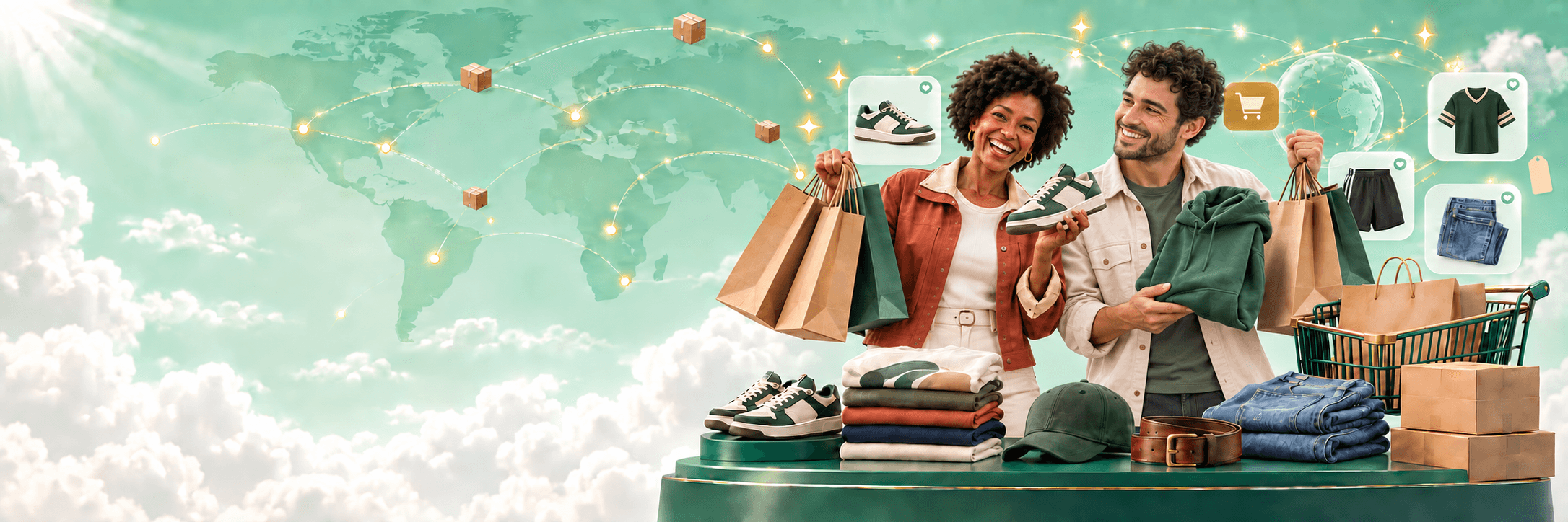 Two online shoppers surrounded by products available across the goodsvero catalog